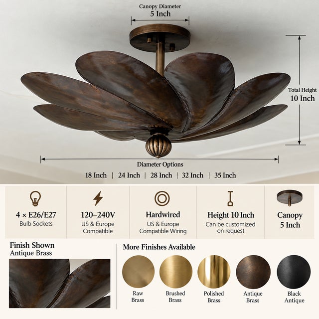 Mid-Century Modern Handmade Brass Flower Flush Mount Ceiling Light For Sale - Image 3 of 10