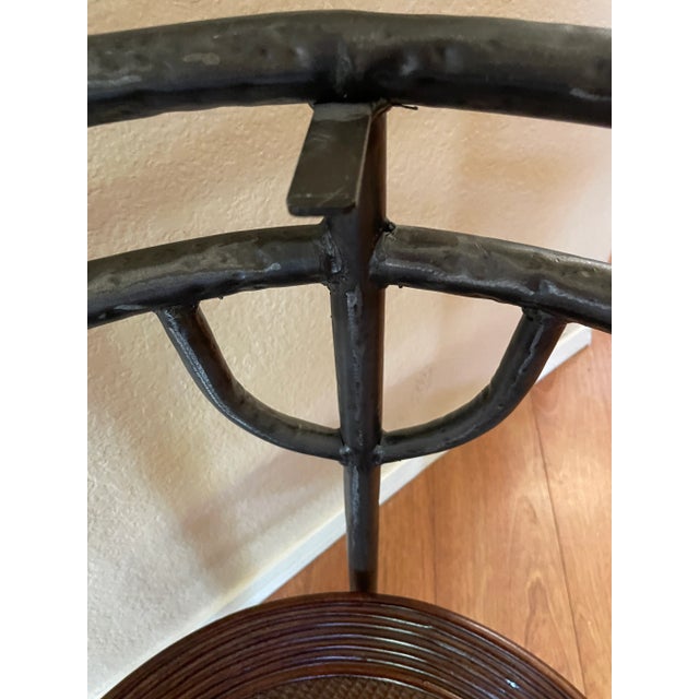 Vintage wrought iron, bamboo and wicker tray table. This unique accent table features a large removable two handled tray....