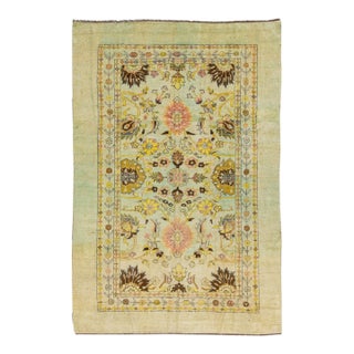 Transitional Art Deco Style Green Handmade Floral Wool Rug For Sale