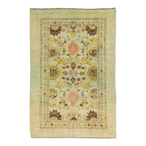Transitional Art Deco Style Green Handmade Floral Wool Rug