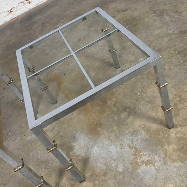Hollywood Regency Chrome & Glass Square End Tables Brass Details a Pair Style of Maison Jansen For Sale - Image 9 of 16