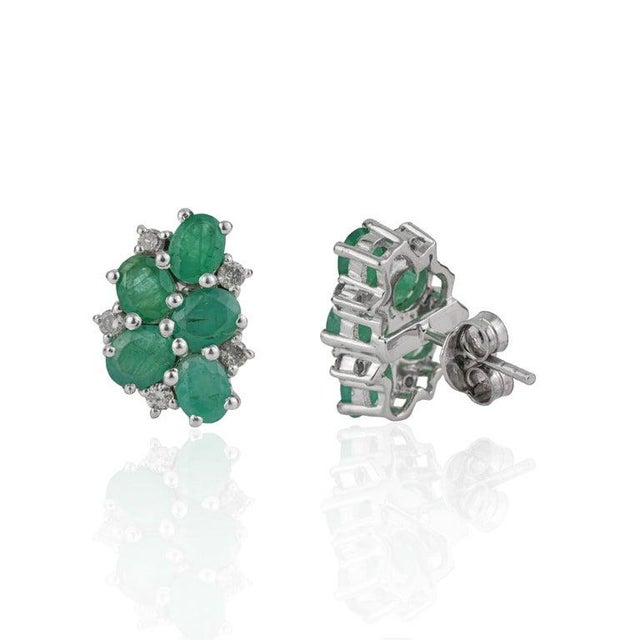 Vintage Inspired Emerald & Diamond Cluster Stud Earrings in 925 Silver, a Pair For Sale - Image 9 of 14