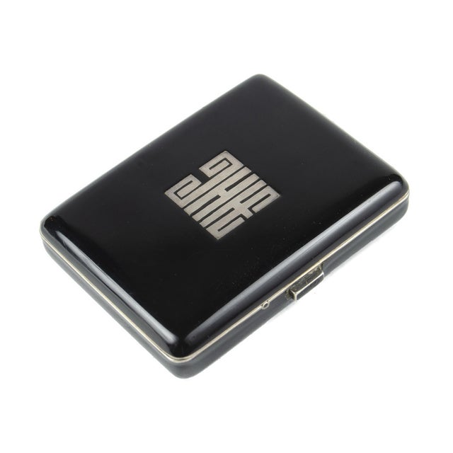 Early 20th Century Art Déco Metal and Black Enamel Compact Vanity Case With Mirror and Lipstick Holder, France For Sale - Image 4 of 9