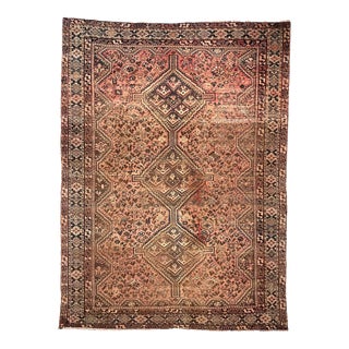 1940-50's Vintage Persian Shiraz Sunset Hues With Earthy Mocha & Indigo Rug 6.9 X 9.1 For Sale