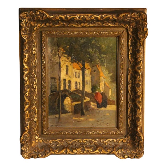 Christiaan Soer, Town Scene with Bridge, 1920s, Oil on Canvas, Framed For Sale