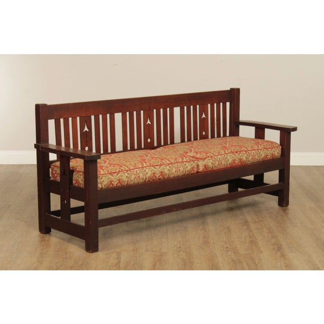 High Quality Antique Oak Drop Arm Settle With Tree Cut Outs, Original Finish, Custom Cushions