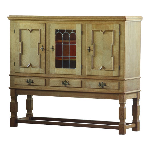 Vintage Oak Brutalist Display Cabinet with Leaded Glass in the style of Kjærnulf, Denmark, 1960s For Sale