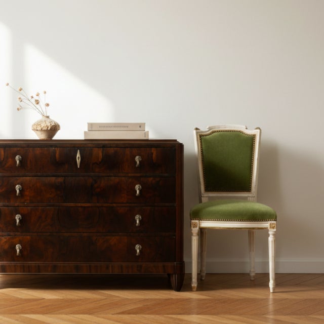 French Antique French Louis XVI Style Painted Accent Chair in Moss Green Mohair For Sale - Image 3 of 18