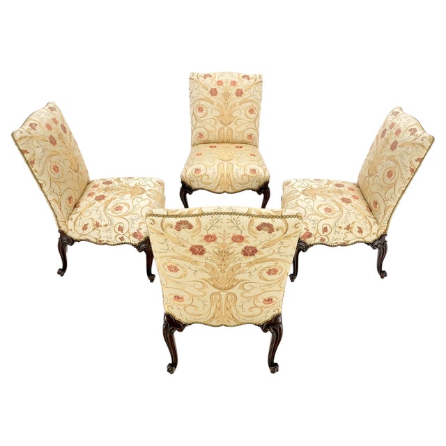 Textile Set 4 Floral Gold & Red Upholstery Fine Carved Legs Slipper Lounge Chairs MINT! For Sale - Image 7 of 12