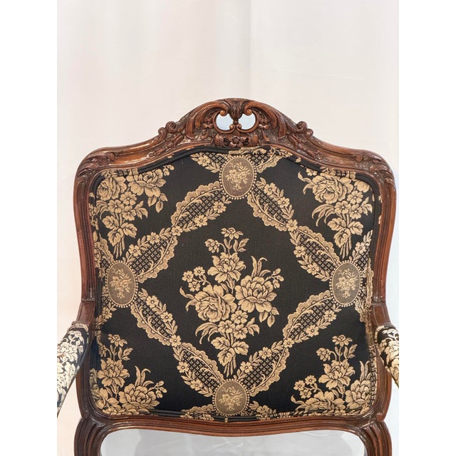Mid 20th Century Vintage Louis XV Style Hand Carved Walnut Armchair With Black and Gold Damask Upholstery For Sale - Image 5 of 10