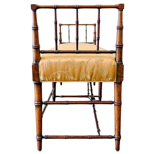 1960s French Regency Faux Bamboo Window Bench in Gold Floral Damask For Sale In San Diego - Image 6 of 9
