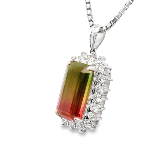 Contemporary 12.53 Carat Watermelon Tourmaline Diamond-Halo Platinum Pendant Necklace For Sale - Image 3 of 5