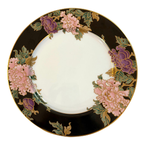 1990s Fitz and Floyd Cloisonné Peony Black Dinner Plate, White Center, Pink & Purple, Black Rim