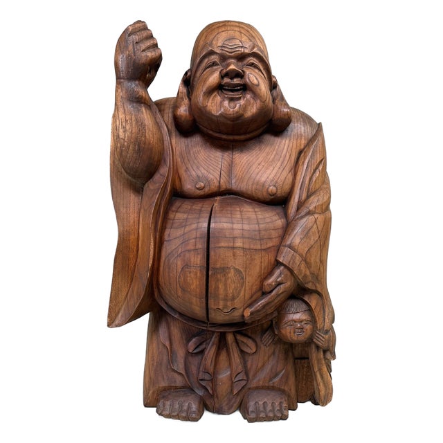 Japanese Wooden Temple Statue of Hotei with Child, 1920s For Sale