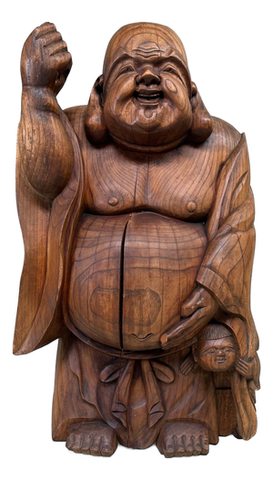 Japanese Wooden Temple Statue of Hotei with Child, 1920s