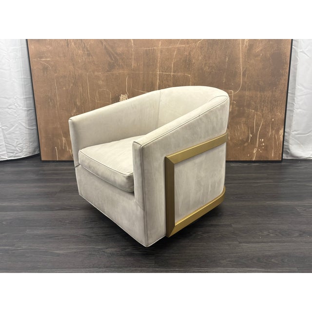 Rh Reginald Chair | Italian Veneto Leather – Ivory | Brass | Black Oak Drifted Base | 360° Swivel For Sale - Image 18 of 18