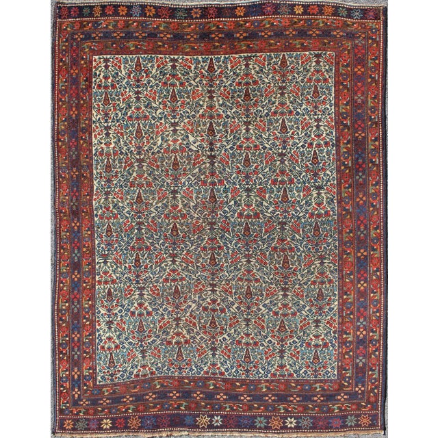 Red Fine Persian Antique Afshar Rug in Ivory Background & Multi Colors For Sale - Image 8 of 8