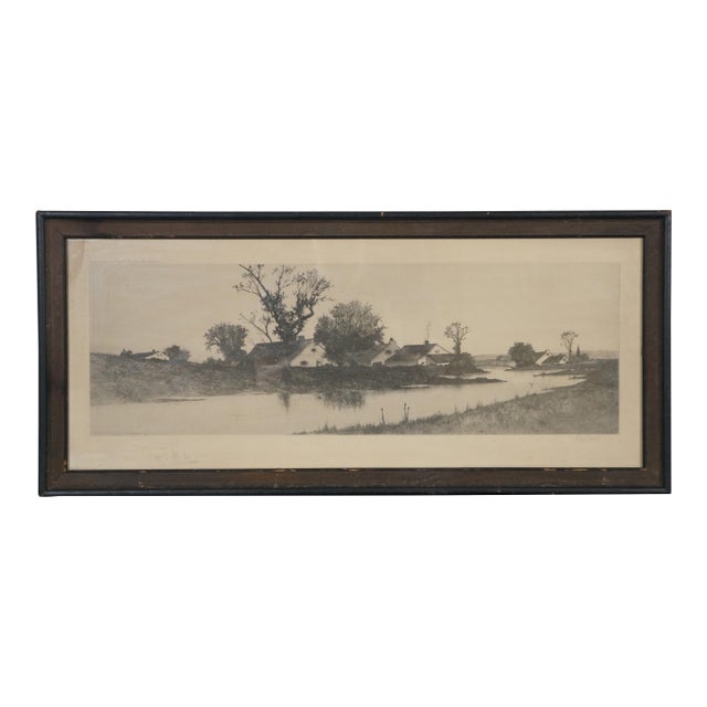 Antique 1893 Ernest C Rost Signed Country Farmhouse Landscape Etching 25", Framed For Sale