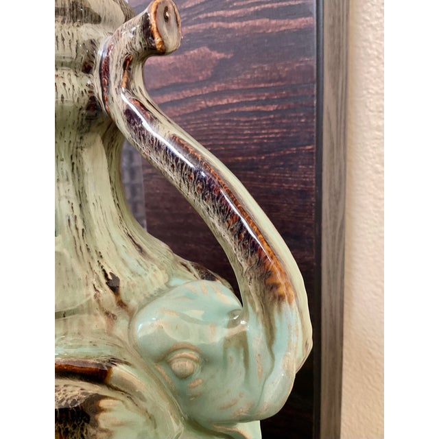 Ceramic Ceramic Glazed Vase With Elephant Trunks as Handles and Writing on the Bottom of Turquois Color Vessel For Sale - Image 7 of 12