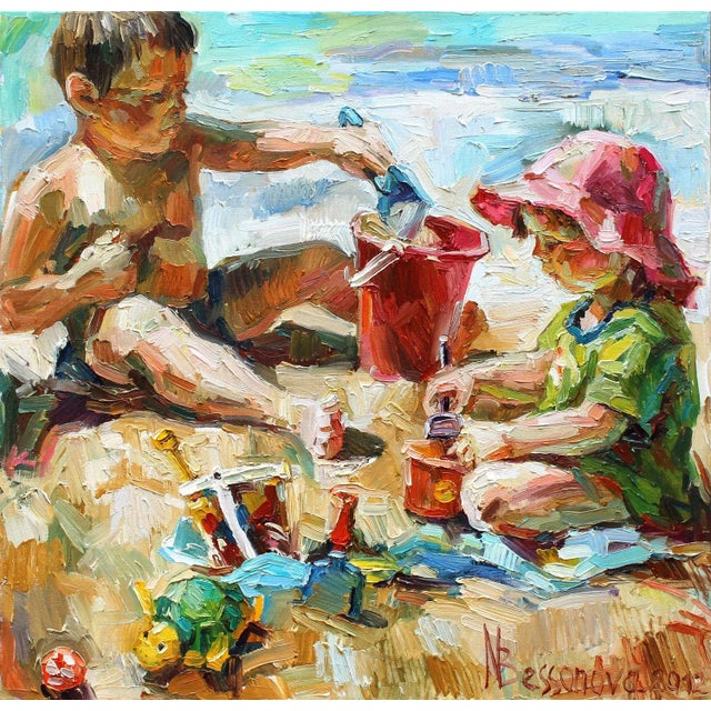 "Beach Day Sand Castle" Impressionist Oil Painting of Children on Canvas by Natalia Bessonova 2012 For Sale