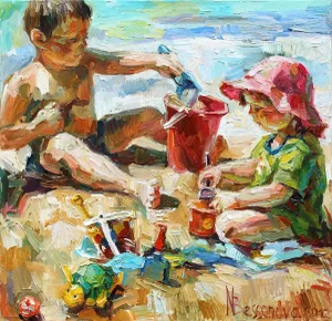"Beach Day Sand Castle" Impressionist Oil Painting of Children on Canvas by Natalia Bessonova 2012