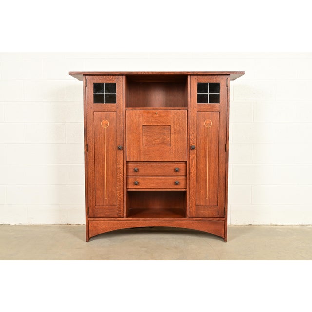 Stickley Harvey Ellis Collection Arts & Crafts Inlaid Oak and Leaded Glass Bookcase With Drop Front Secretary Desk For Sale - Image 18 of 18