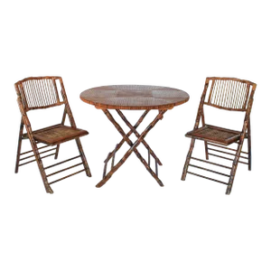 Vintage Faux Tortoise Bamboo Round Folding Table and Chairs