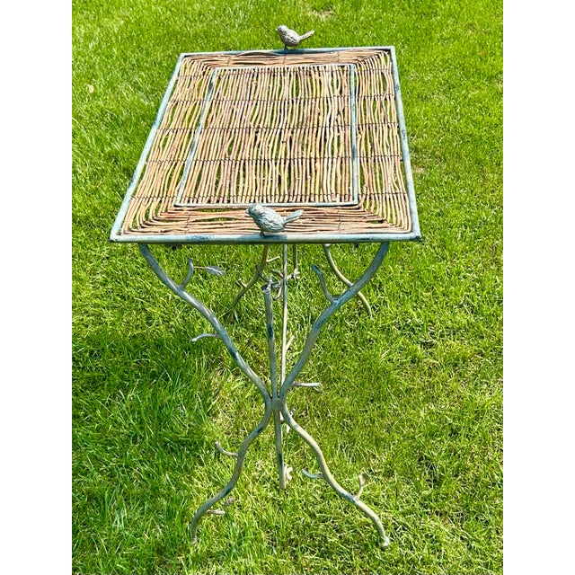 Twig Accent Table, With Twig Woven Mat, Branch-Like Metalwork, Garden Table Adorned With Metal Birds and Leaves, 1970’s For Sale - Image 4 of 12