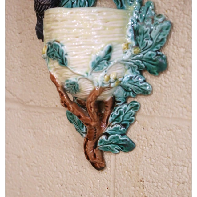 19th Century French Barbotine Wall Pocket With Bird Motif and Oak Leaves For Sale - Image 4 of 12