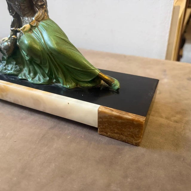 A 1930s Art Deco Spelter and Marble French Statue of a Woman and a Pheasant For Sale - Image 11 of 15