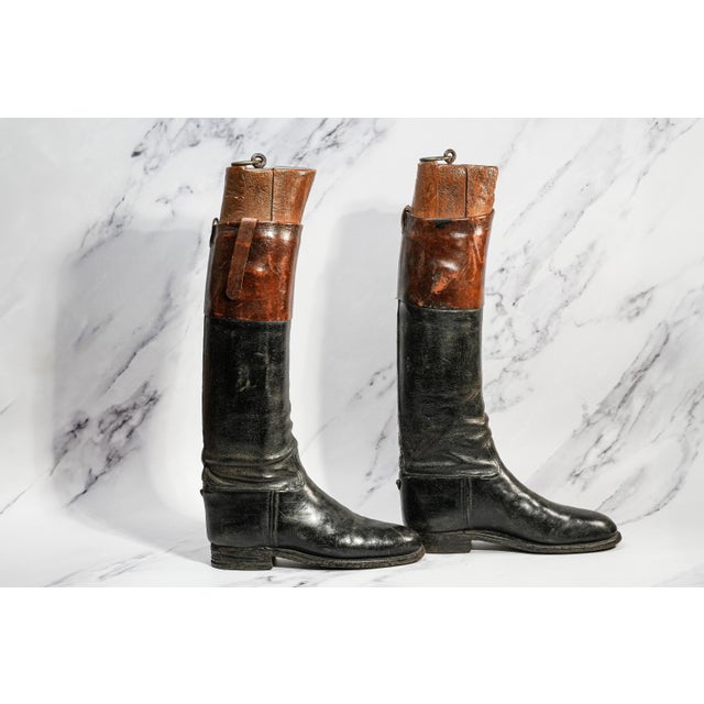 Authentic Brown & Black Antique English Leather Riding Boots Wood Tree Forms Horse Equestrian Country Home Decor Prop For Sale In New York - Image 6 of 9