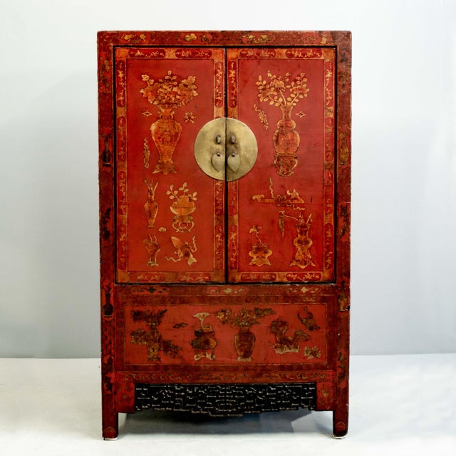 Antique Chinese red lacquered wedding cabinet / wardrobe, from Shanxi Provence. Handcrafted with mortise-and-tenon...