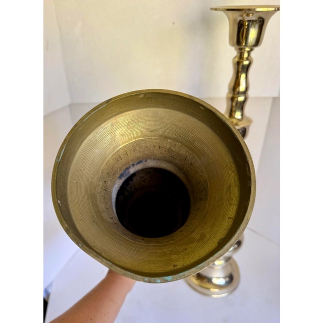 Vintage Pair of Brass 25" Tall Floor Candle Holder Candle Stands For Sale - Image 10 of 12