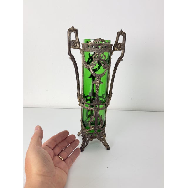 Art Deco vase in bronze and colored Murano glass, 1940s Height 36 cm, tiny air bubbles can be seen in the green glass,...