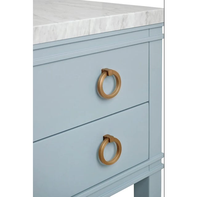 Matthew Izzo Home Cutler Light Blue Matte Lacquer Single Sink, Two Drawer Bath Vanity With Open Can Shelf and Brass Drawer Pulls For Sale In New York - Image 6 of 7
