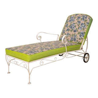 1960s Floral Wrought Iron Patio Chaise Lounge Chair Lounger For Sale
