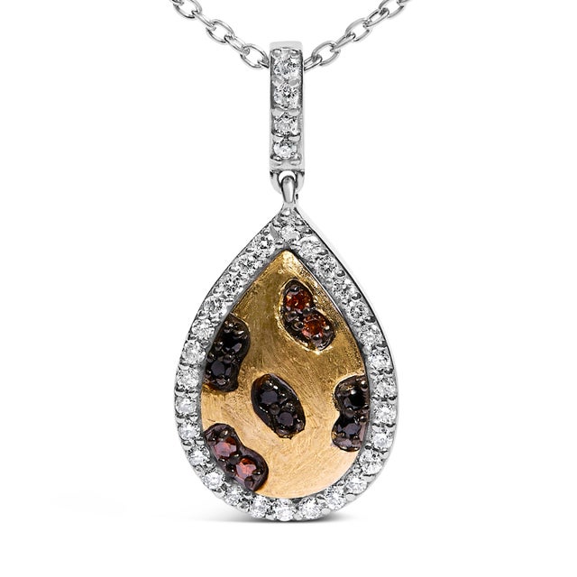 Contemporary 10K Yellow Gold Plated Sterling Silver Mixed Color Diamond Accent Pear Halo Pendant Necklace For Sale - Image 3 of 4