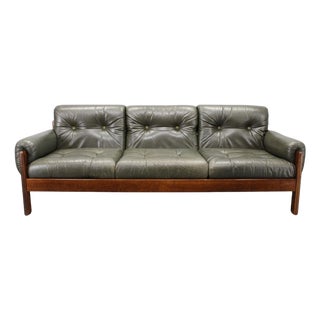 Mid-Century Green Leather Sofa, Czechoslovakia, 1970s For Sale