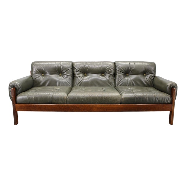 Mid-Century Green Leather Sofa, Czechoslovakia, 1970s For Sale