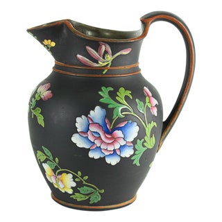 19th C. Wedgwood Pitcher Black Basalt Capri Ware With Polychrome Enamels For Sale
