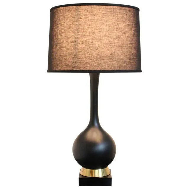 American Mid-Century Black Ceramic Table Lamp With Brass and Wood Base, 1960s For Sale - Image 10 of 10