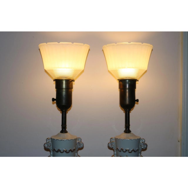 1930s 1930s Rembrandt Art Deco White Floral Porcelain Table Lamps - A Pair For Sale - Image 5 of 13