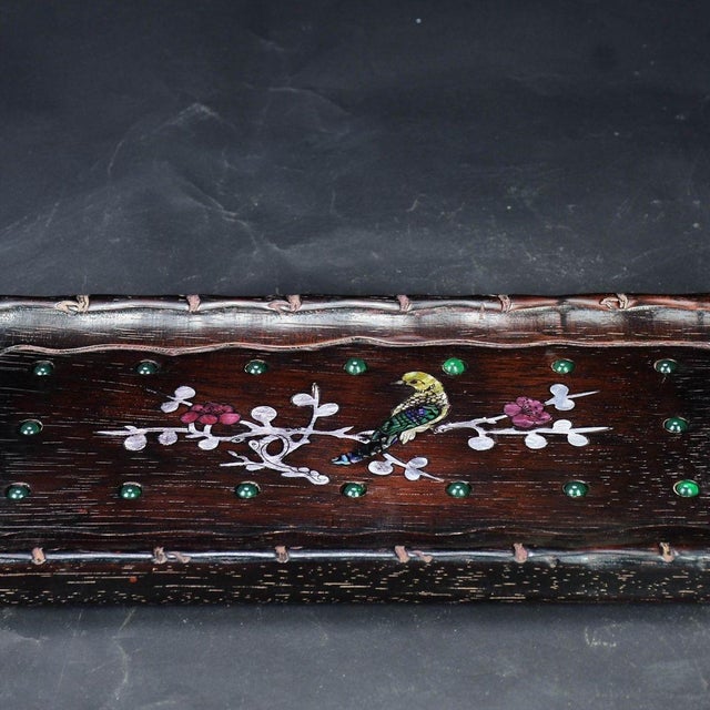 Vintage Chinese Hardwood Tea Tray — Mother-of-Pearl Magpie & Plum Inlay With Green Gemstone Accents For Sale - Image 4 of 9