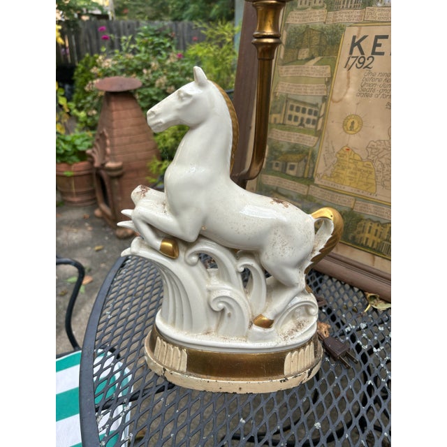 Metal Vintage Art Deco White Gold Porcelain Horse Sculpture Lamp For Sale - Image 7 of 12