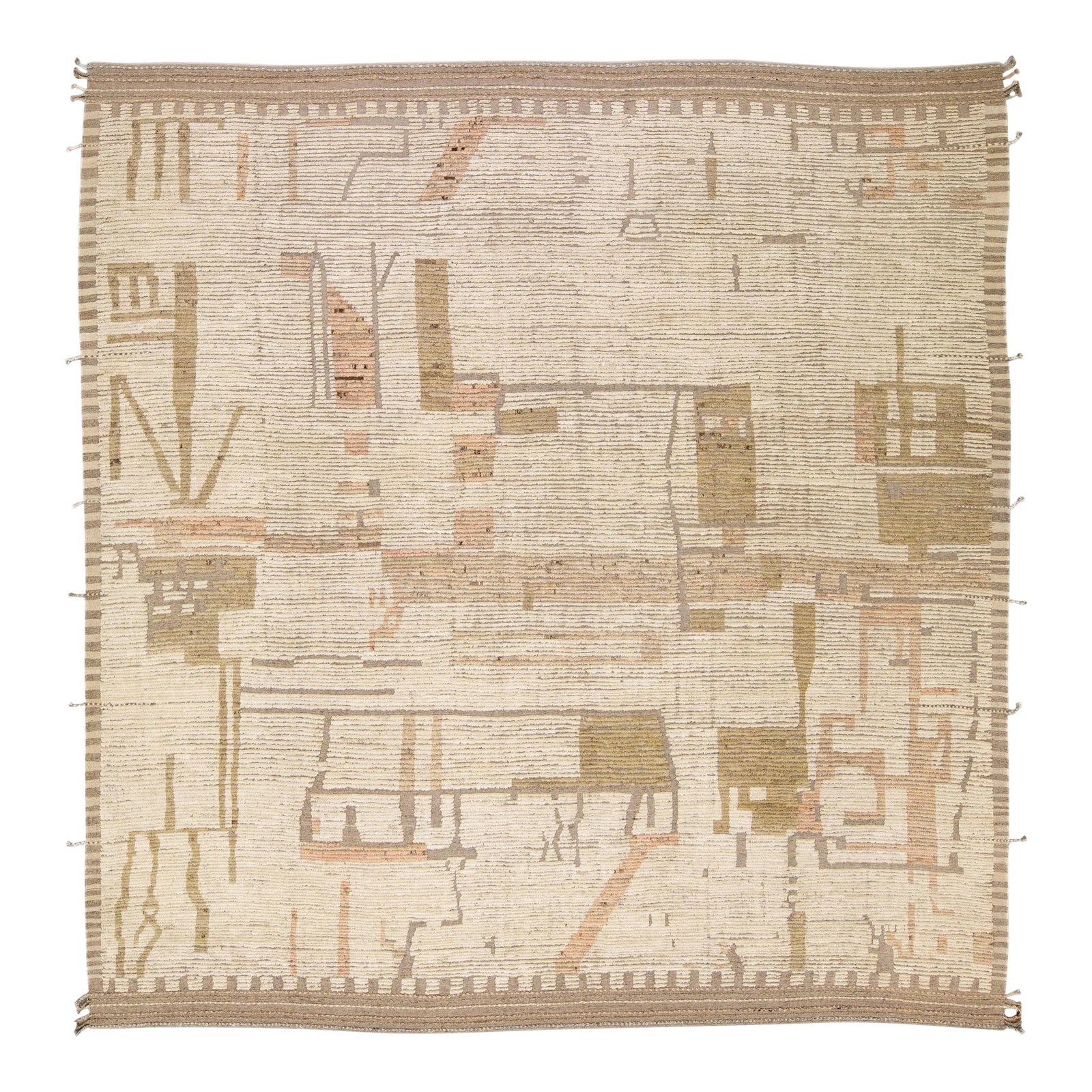 Modern Boho Chic Moroccan Style Handmade Abstract Beige Square Wool Rug ...