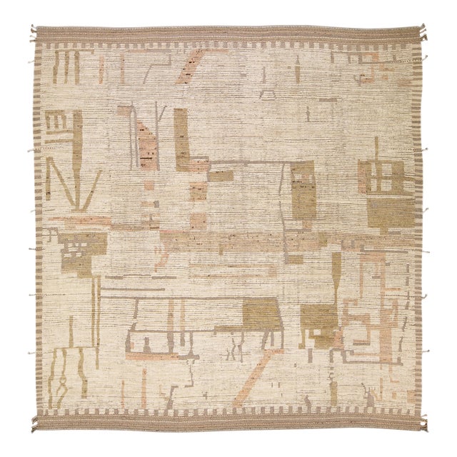 Modern Boho Chic Moroccan Style Handmade Abstract Beige Square Wool Rug For Sale