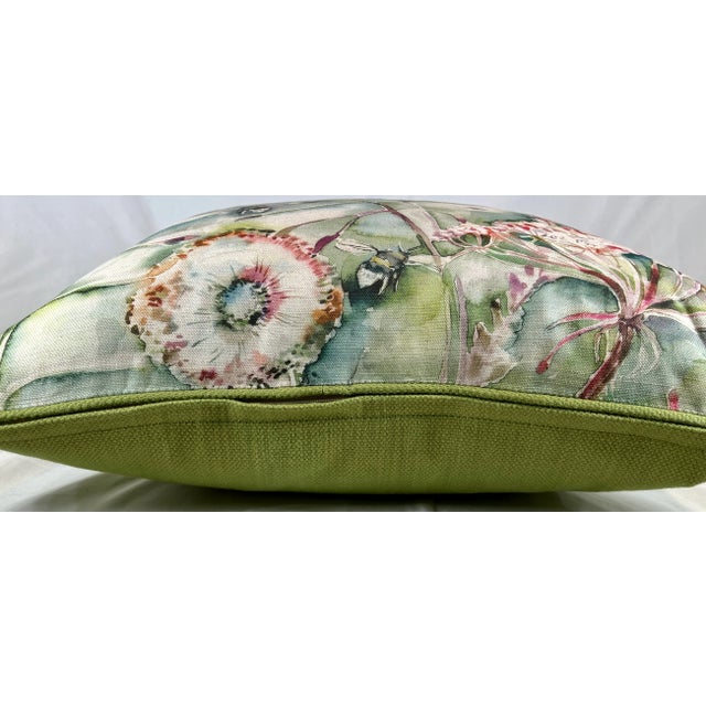 20" Square Decorative Throw Pillow With a Muted Watercolor Look Pink Floral Pattern With Bees on a Green Background - Made in the U K For Sale - Image 10 of 12