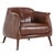 Modern gumdrop shape chestnut brown leather chair with baseball stitch and round solid oak wood legs. Each may have...