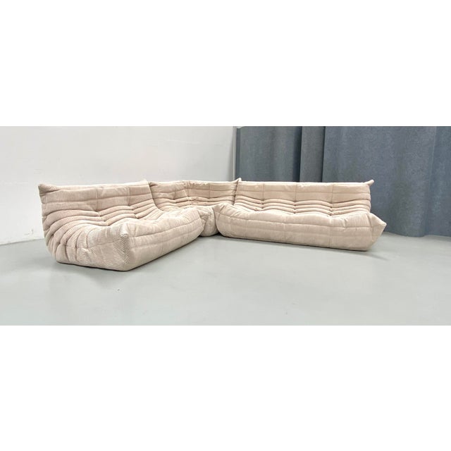 French Togo Living Room Set in Beige Cord by Michel Ducaroy for Ligne Roset, Set of 3 For Sale - Image 5 of 13