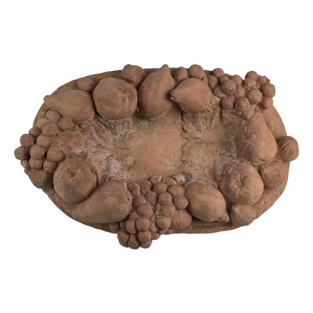 French Vintage Terracotta Fruit Tray Platter Centerpiece, Singed, Mid 20th Century For Sale